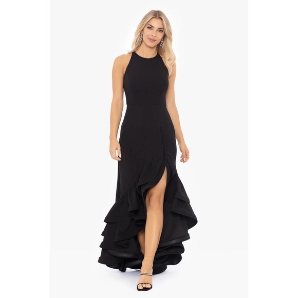 NWT Betsy & Adam Scuba Crepe Ruffle Slit Bottom Gown Womens Black Size 6P - Picture 1 of 7